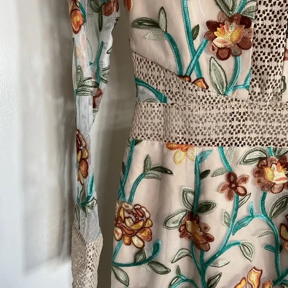 Vone Floral Embroidered Long Sleeve Mini Dress S Small Boho Black Cocktail Small - Picture 6 of 11